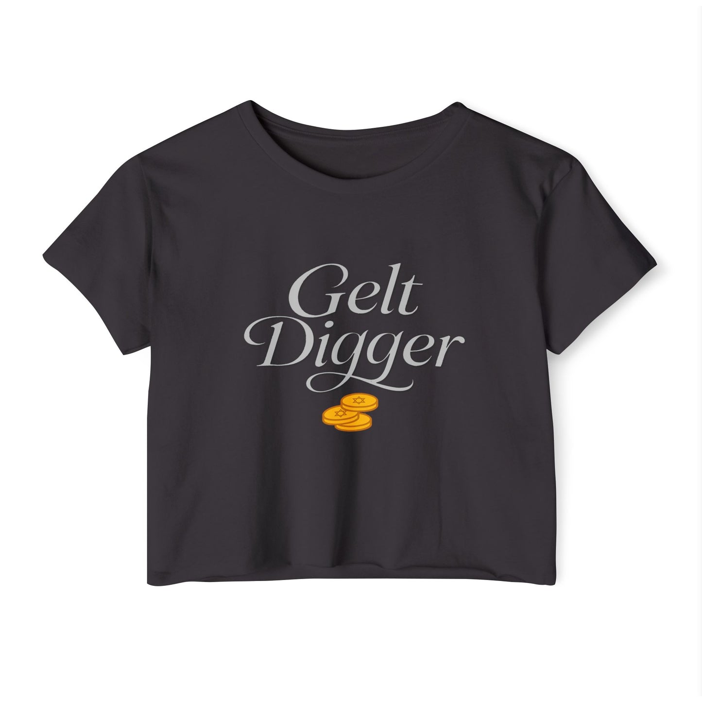 Black t-shirt with 'Gelt Digger' text and gold coin graphics on a white background