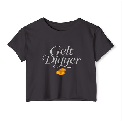 Black t-shirt with 'Gelt Digger' text and gold coin graphics on a white background