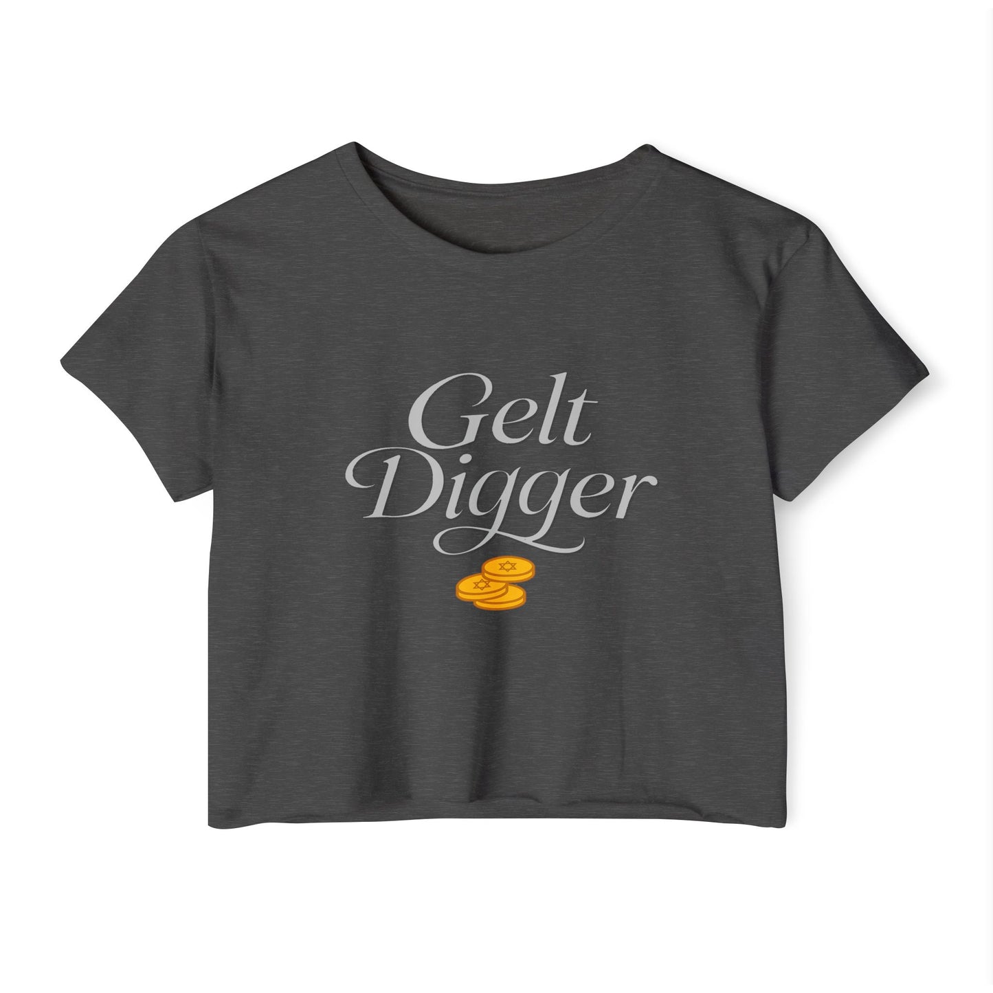 Dark gray t-shirt with 'Gelt Digger' text and gold coins on a white background