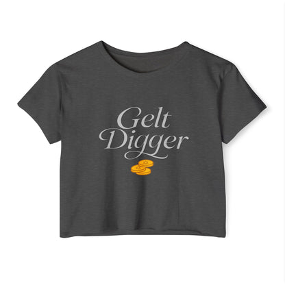 Dark gray t-shirt with 'Gelt Digger' text and gold coins on a white background