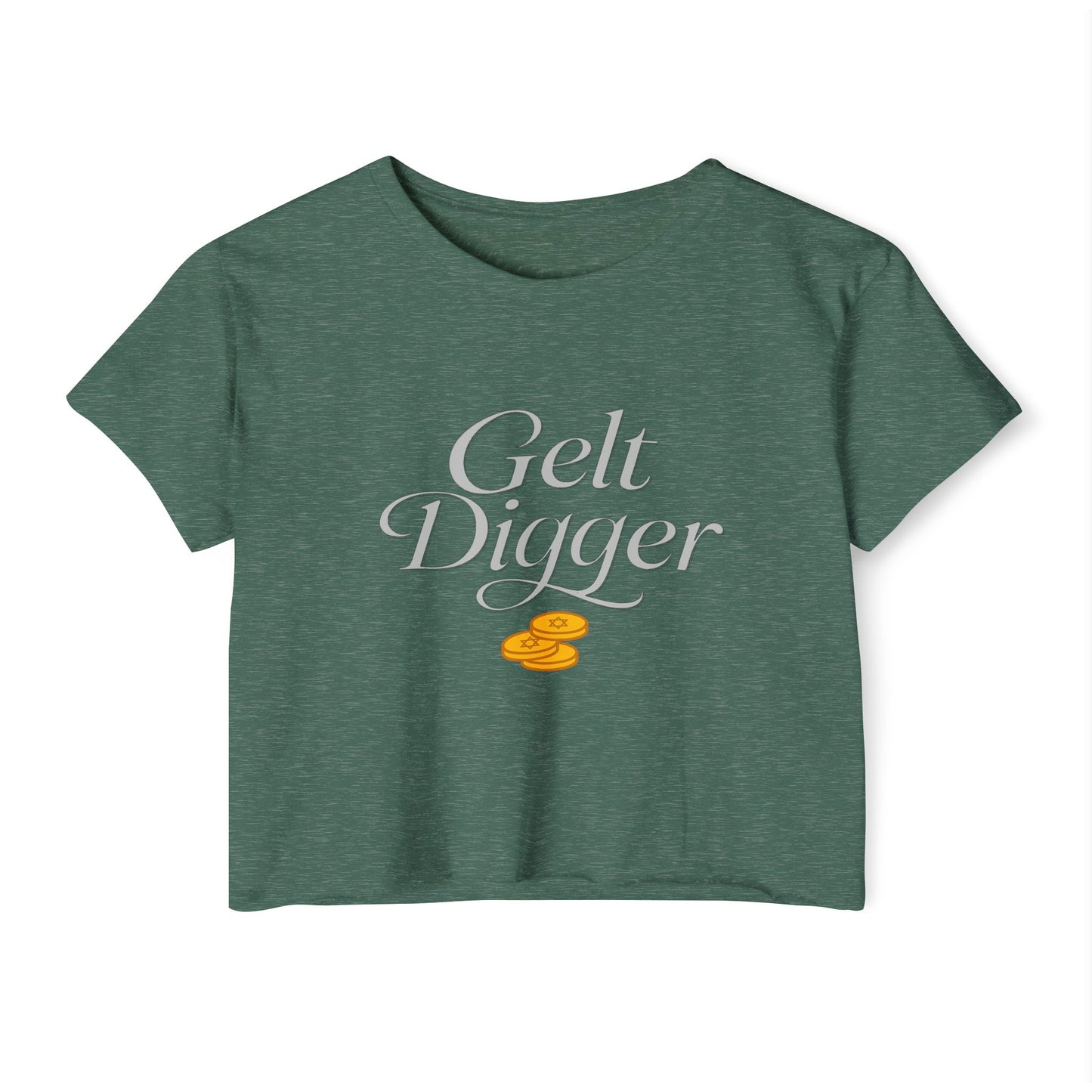 Green t-shirt with 'Gelt Digger' text and gold coins on a white background