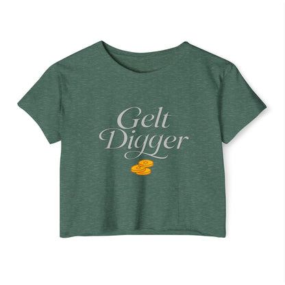 Green t-shirt with 'Gelt Digger' text and gold coins on a white background