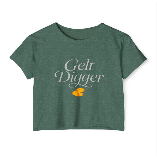 Green t-shirt with 'Gelt Digger' text and gold coins on a white background