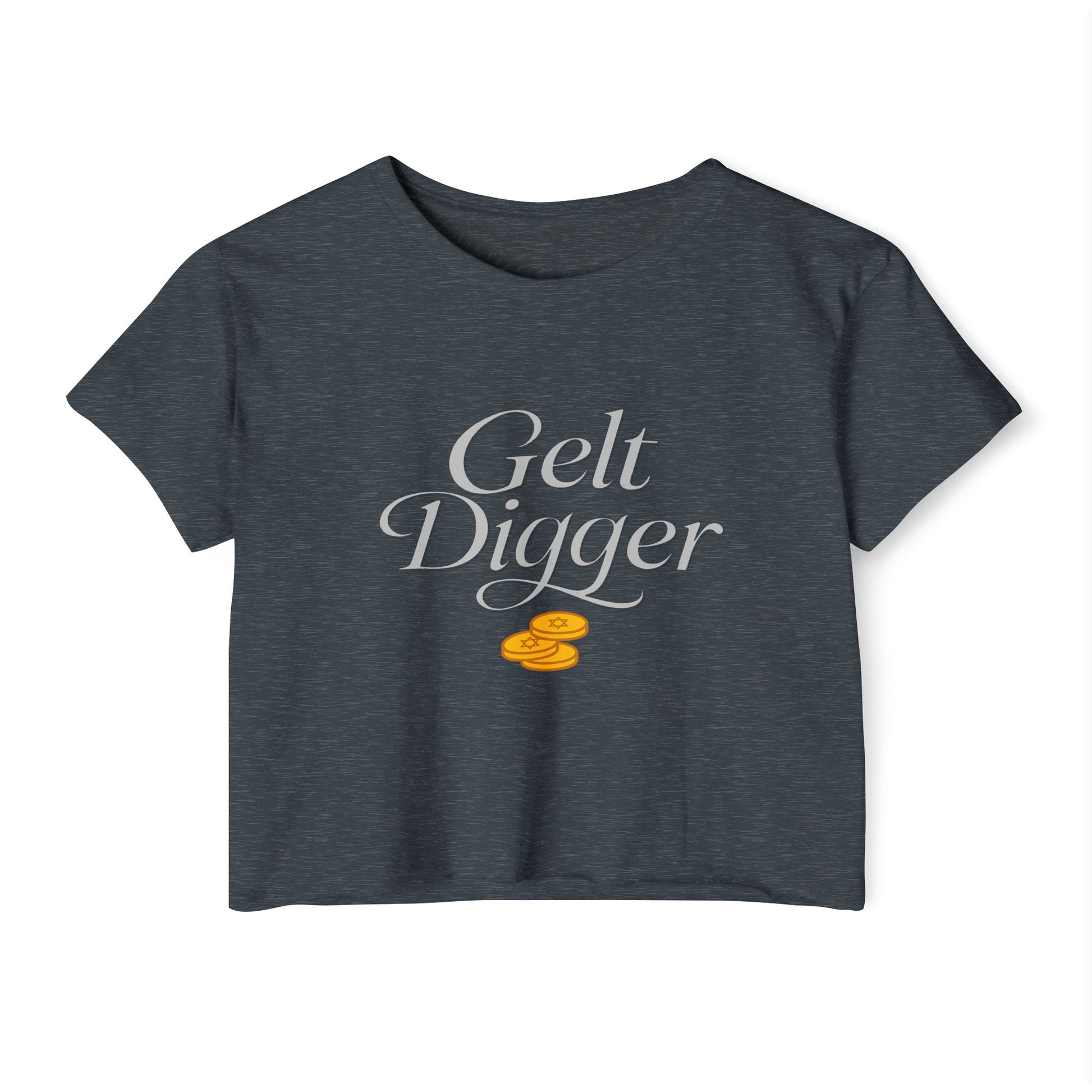 Navy blue t-shirt with 'Gelt Digger' text and gold coins on a white background