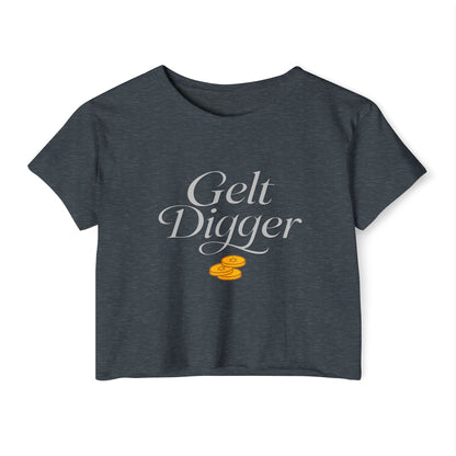 Navy blue t-shirt with 'Gelt Digger' text and gold coins on a white background