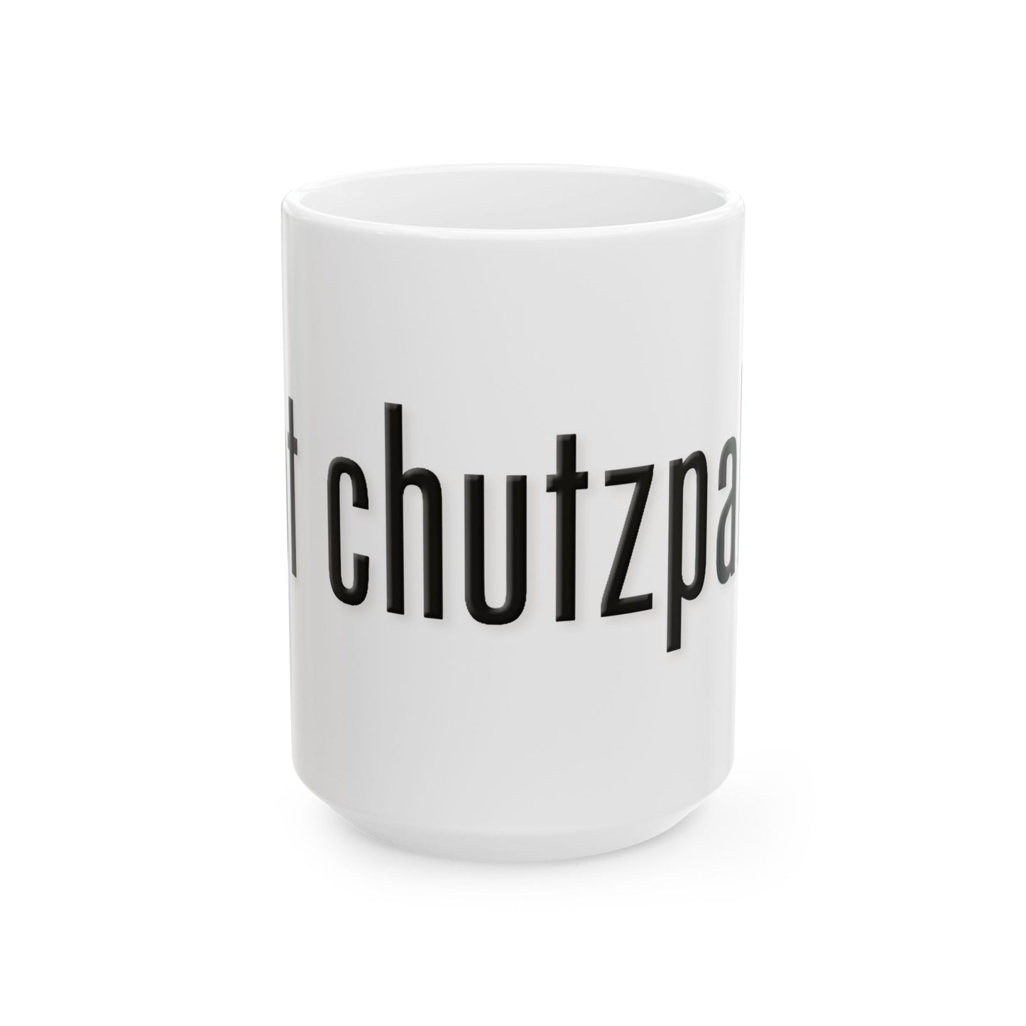 White mug with black text 'got chutzpah?' on a white background