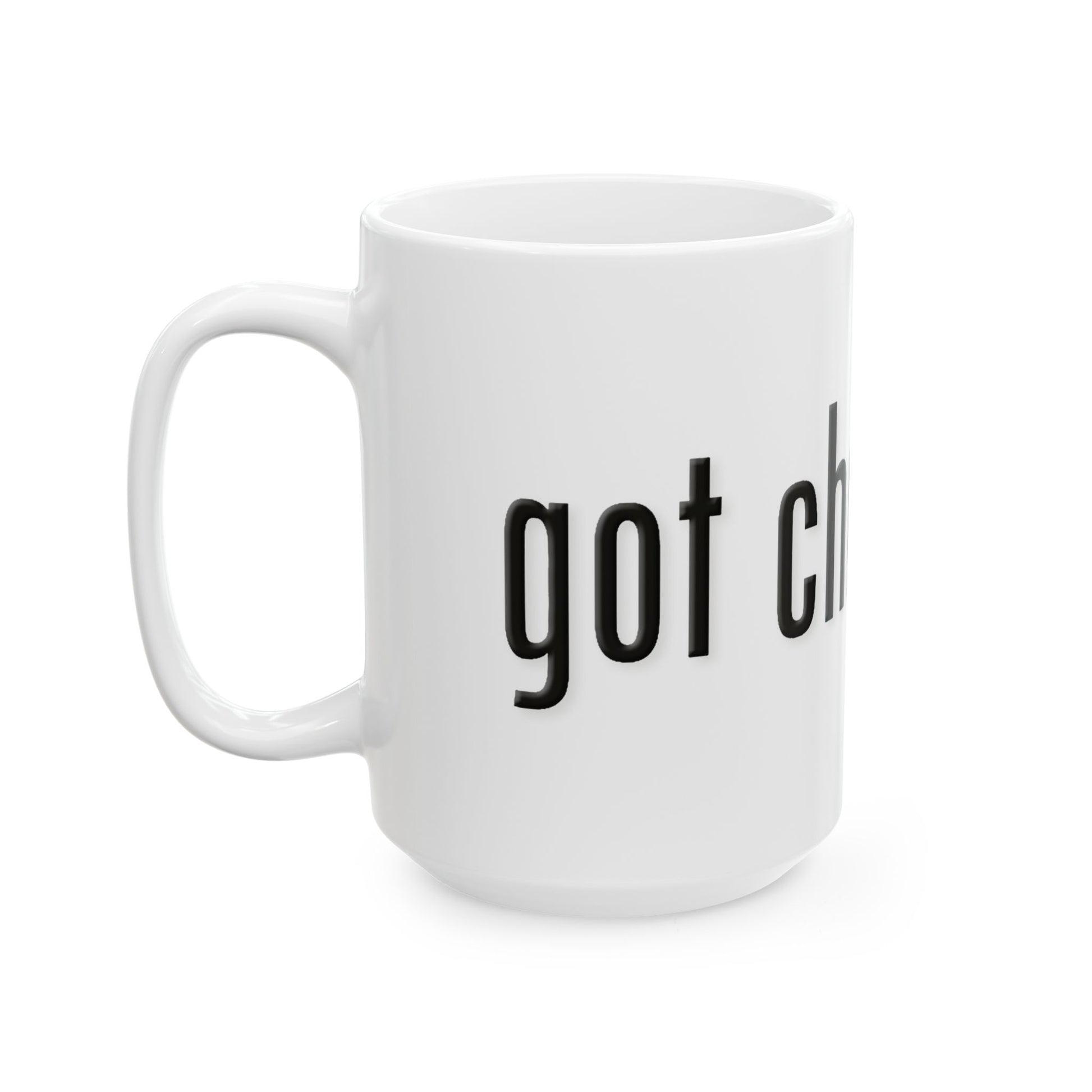 White mug with 'got chutzpah' text on a white background