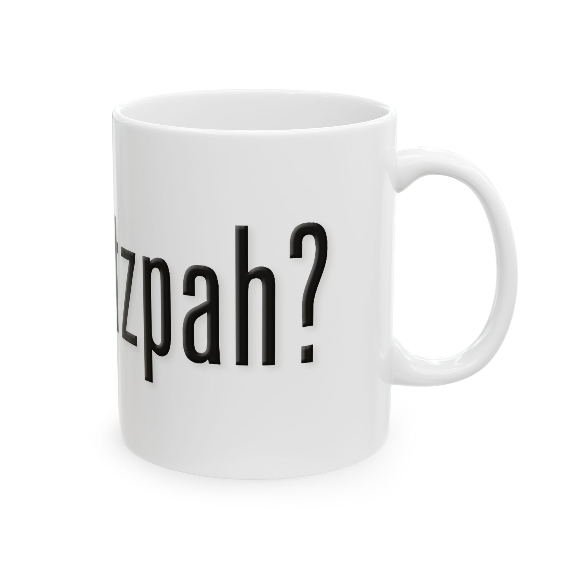 White mug with black text 'got chutzpah?' on a white background