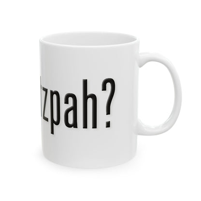 White mug with black text 'got chutzpah?' on a white background