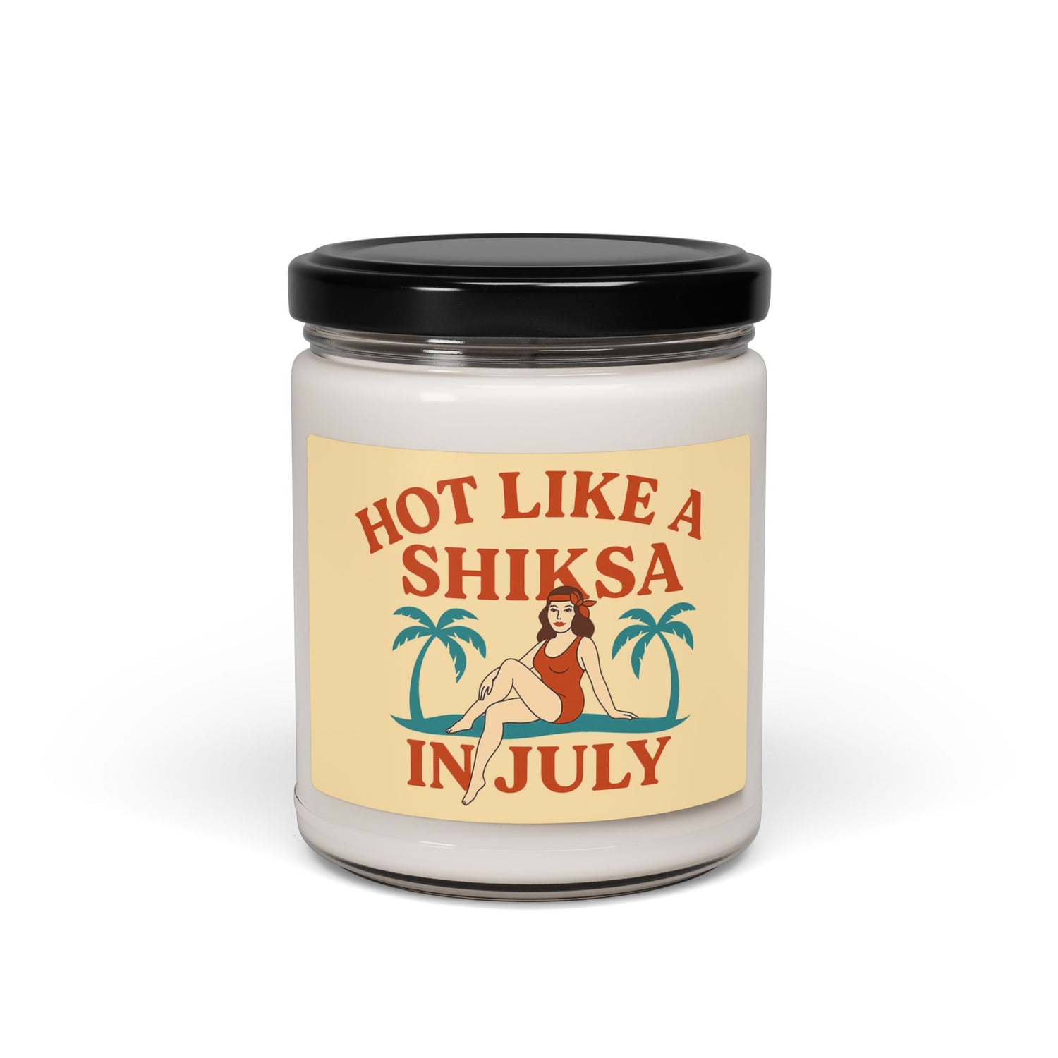 Candle jar with a 'hot like a shiksa' label on a white background