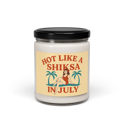 Candle jar with a 'hot like a shiksa' label on a white background