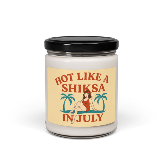 Candle jar with a 'hot like a shiksa' label on a white background
