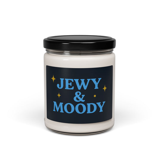 Jar with a black lid and 'Jewy & Moody' label on a white background