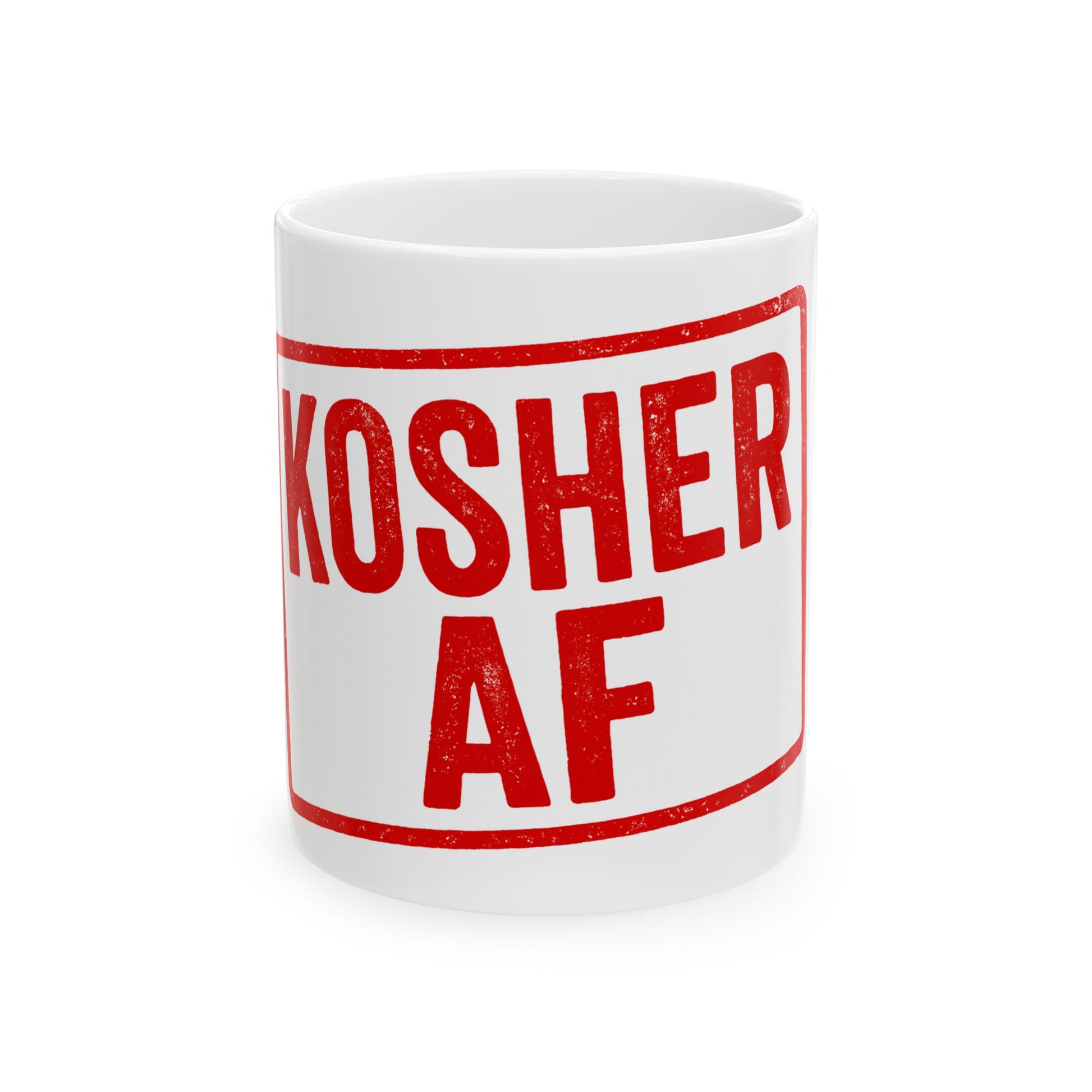White mug with red text 'KOSHER AF' on a white background