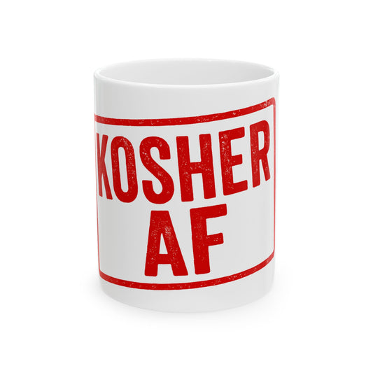 White mug with red text 'KOSHER AF' on a white background