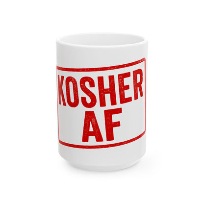 White mug with red text 'KOSHER AF' on a white background