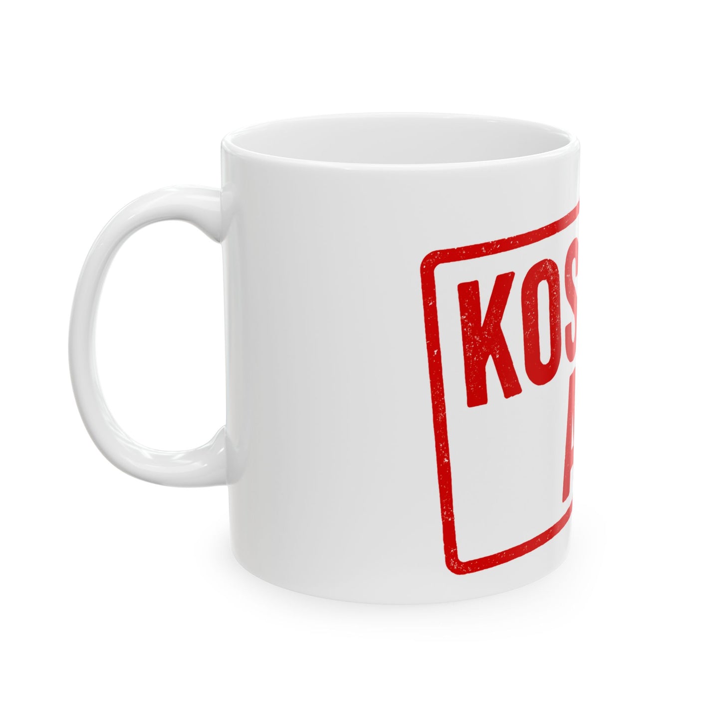 White mug with red 'KOSHER af' stamp on a white background