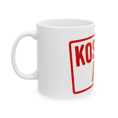 White mug with red 'KOSHER af' stamp on a white background