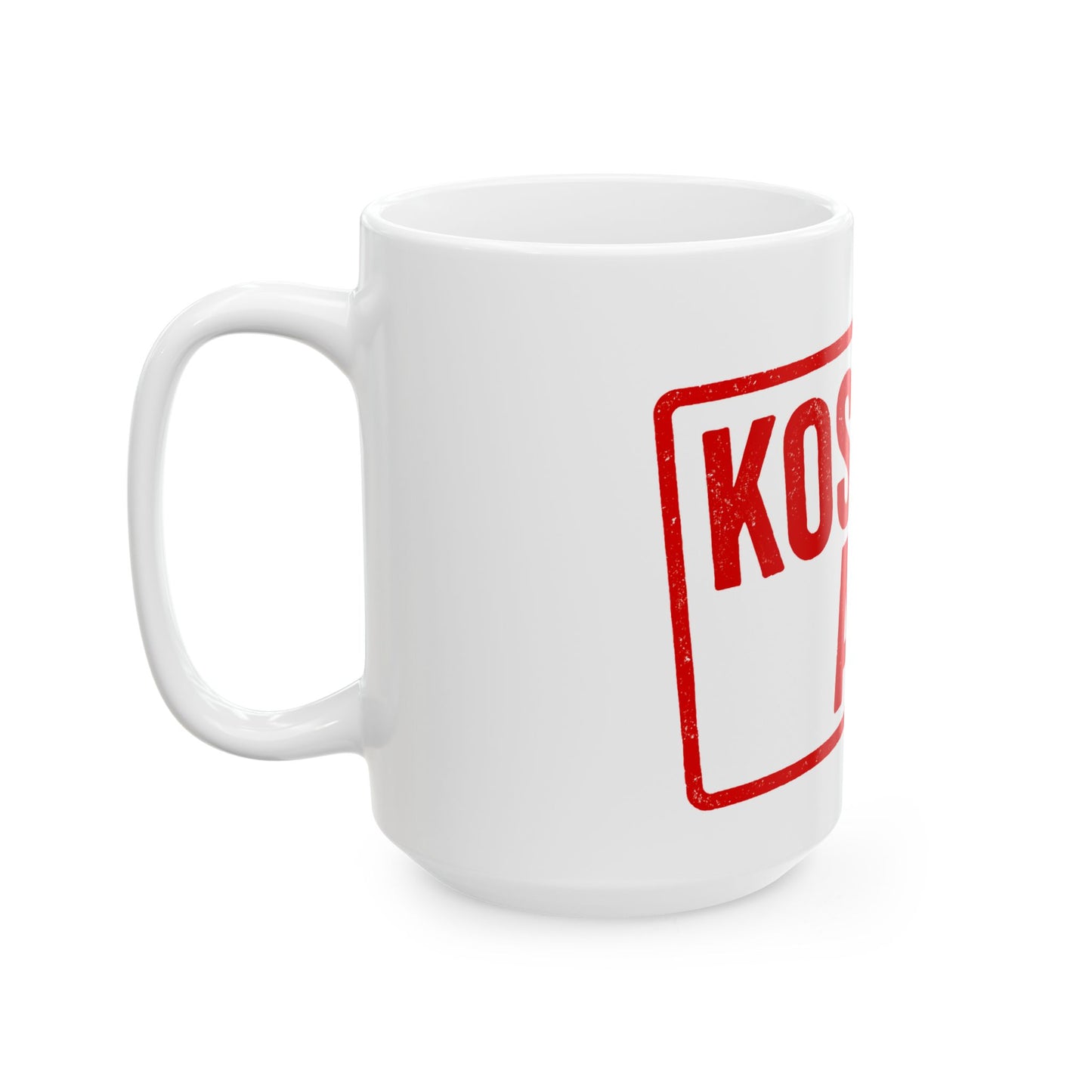 White mug with red 'kosher af' logo on a white background