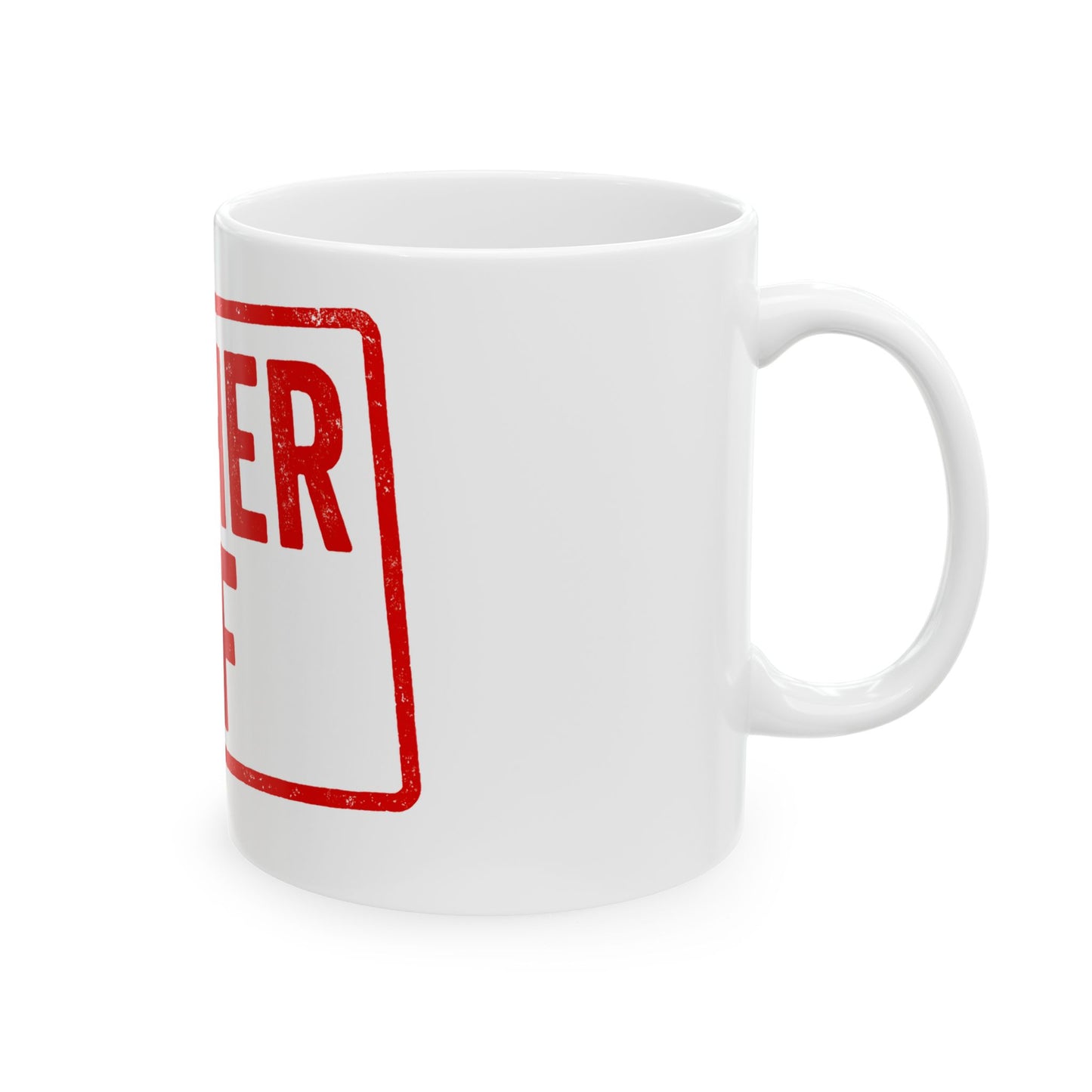 White mug with red 'kosher af' stamp on a white background