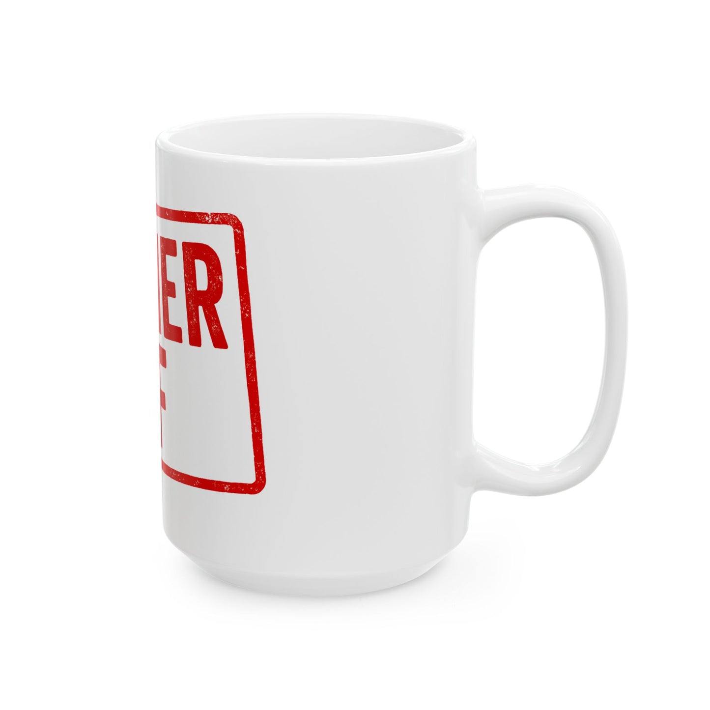 White mug with red 'kosher af' stamp-like design on a white background