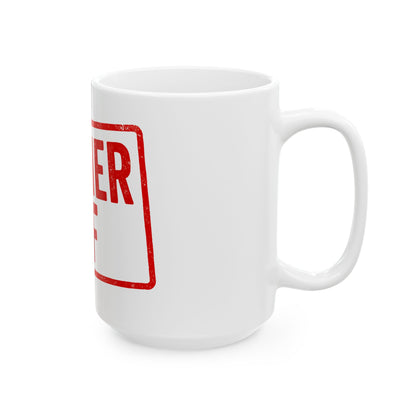 White mug with red 'kosher af' stamp-like design on a white background