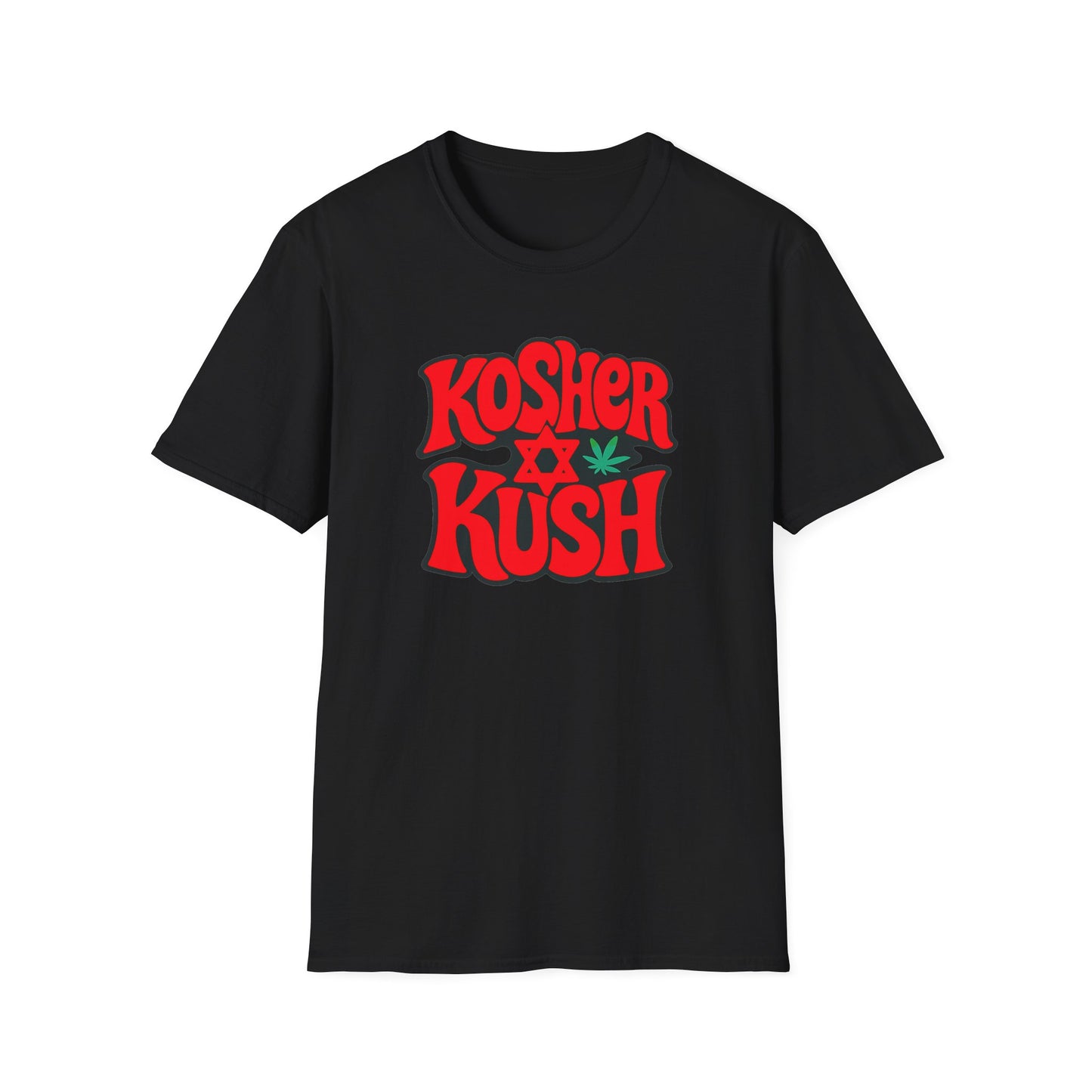 Black t-shirt with 'Kosher Kush' text and cannabis leaf design on a white background