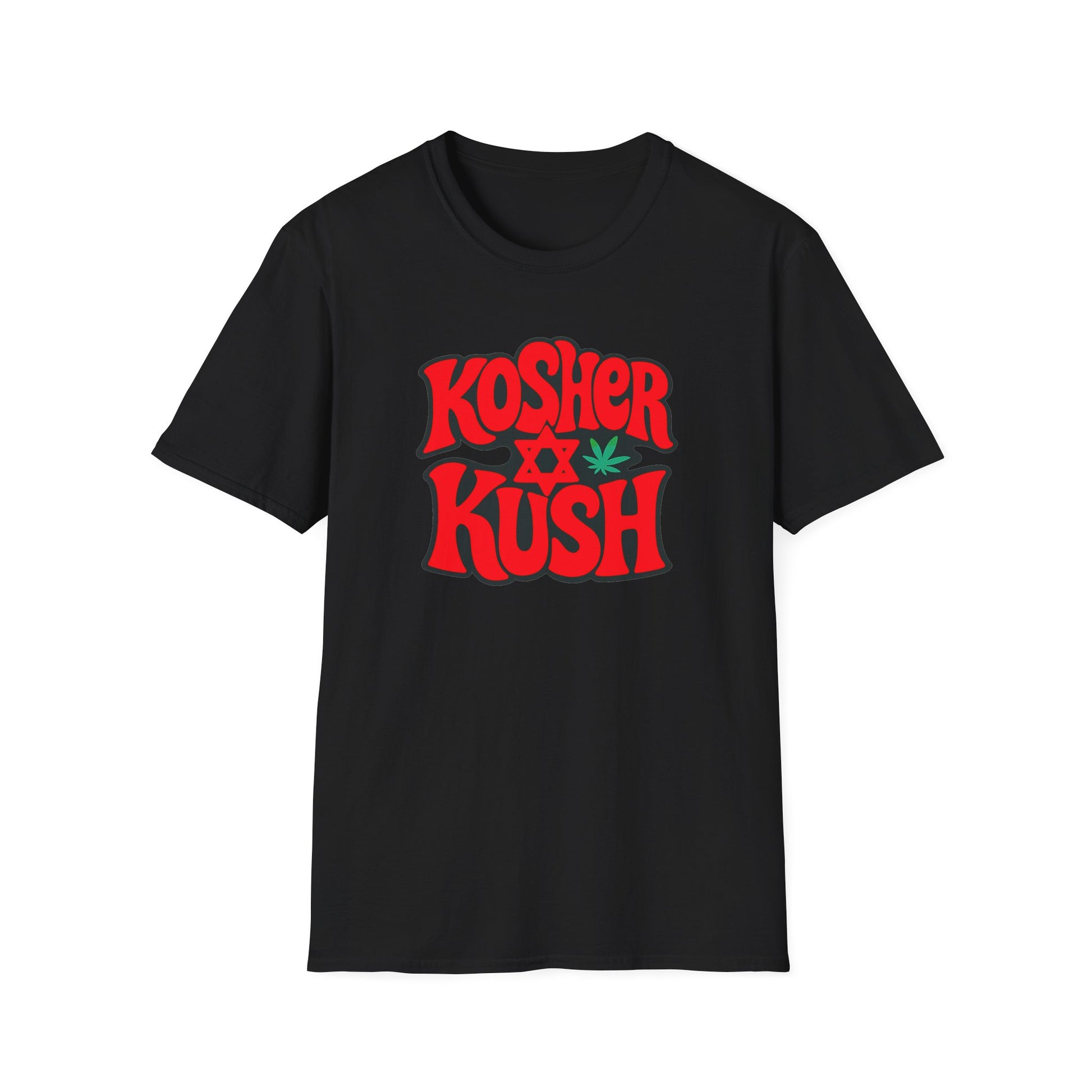 Black t-shirt with 'Kosher Kush' text and cannabis leaf design on a white background