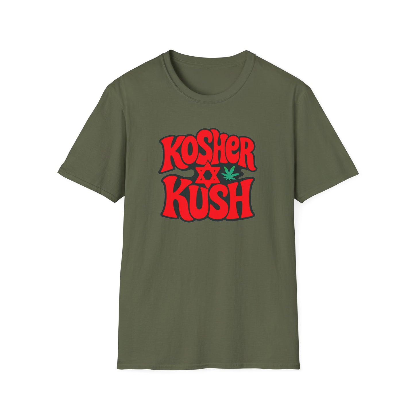 Green t-shirt with 'Kosher Kush' text and cannabis leaf design on a white background