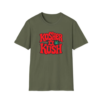 Green t-shirt with 'Kosher Kush' text and cannabis leaf design on a white background