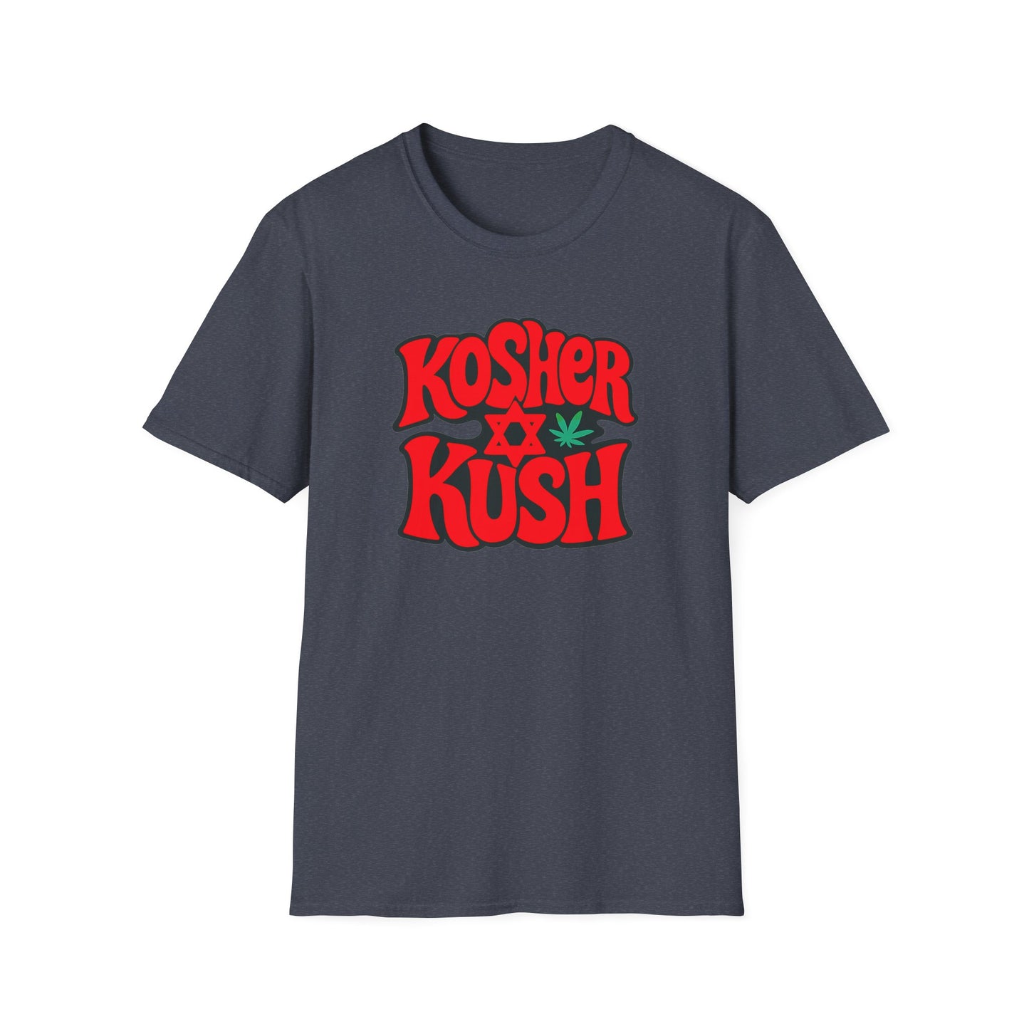Gray t-shirt with 'Kosher Kush' text and cannabis leaf design on a white background
