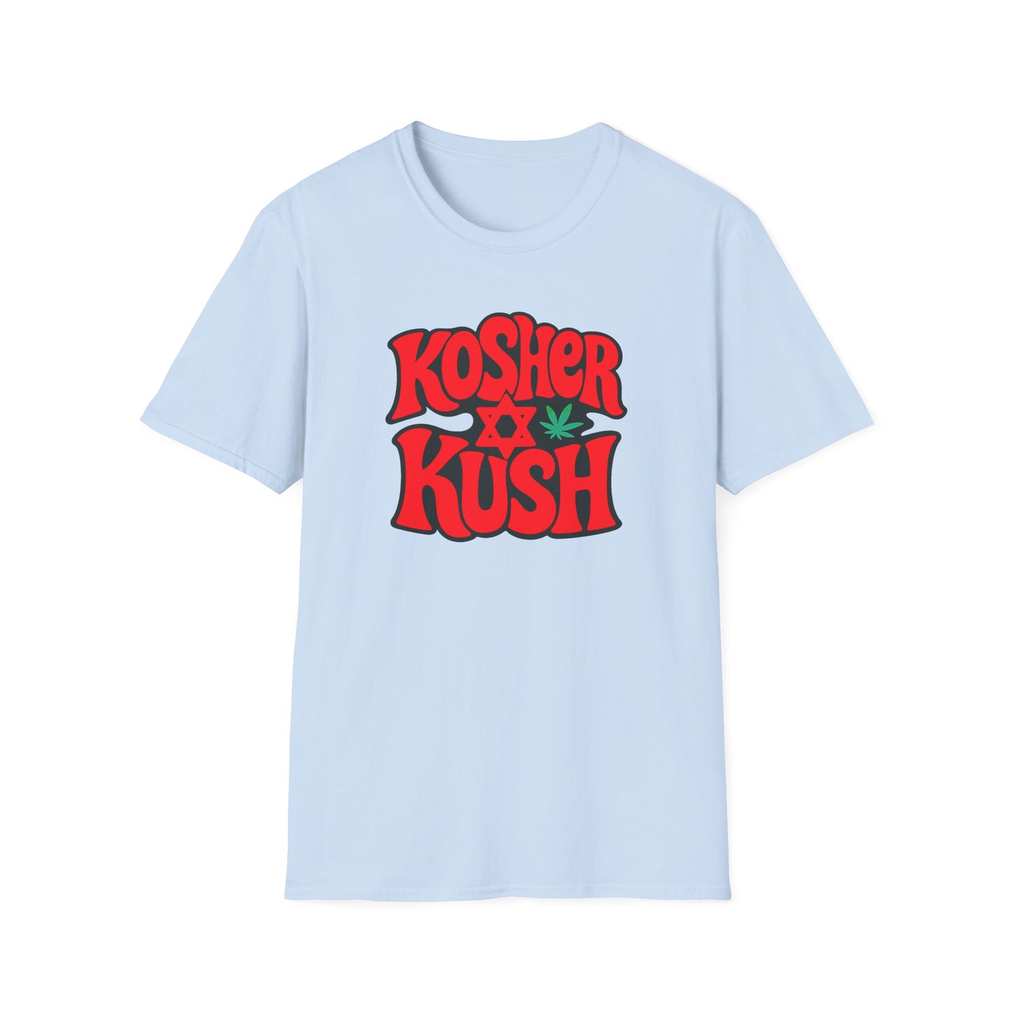 Light blue t-shirt with 'Kosher Kush' text and cannabis leaf design on a white background
