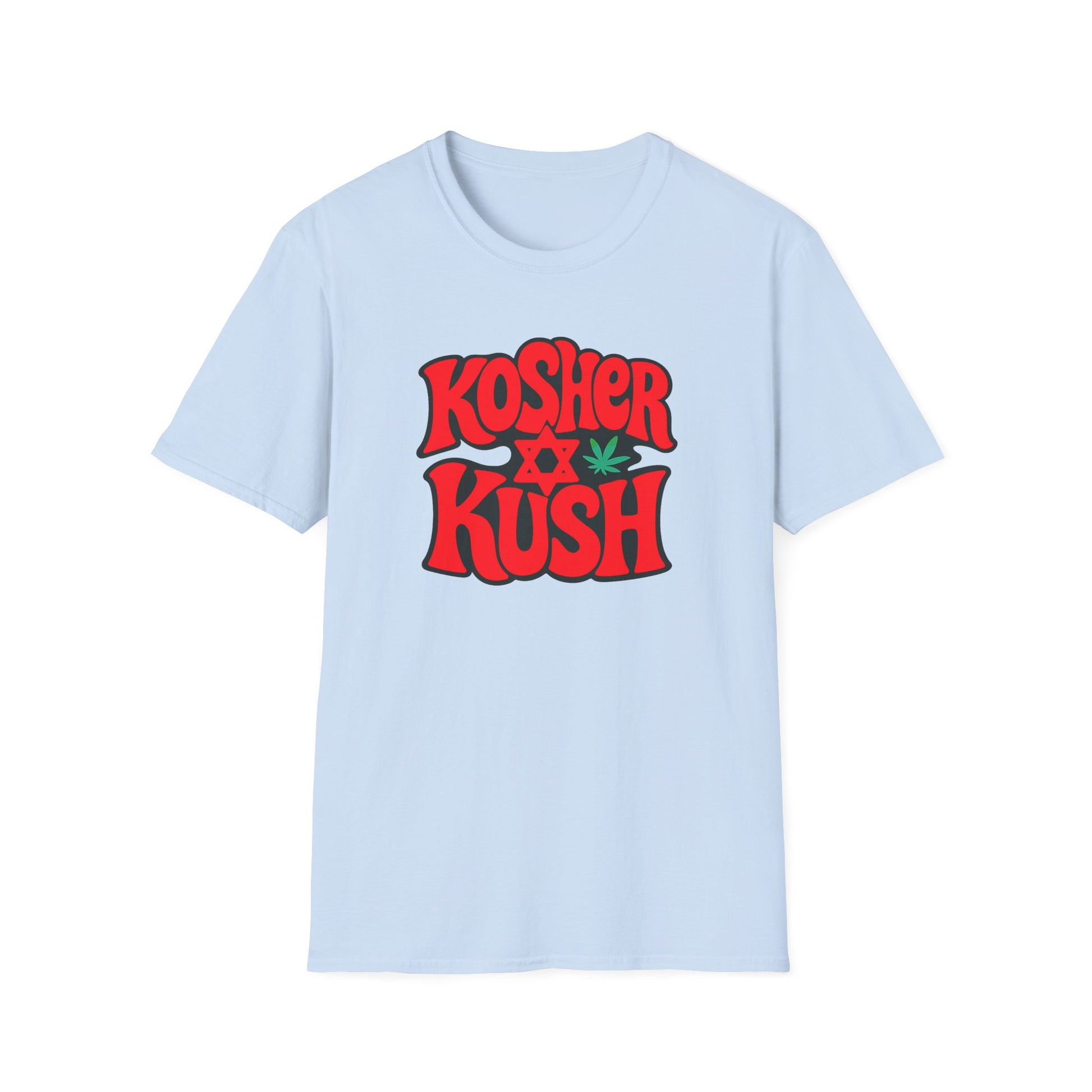 Light blue t-shirt with 'Kosher Kush' text and cannabis leaf design on a white background
