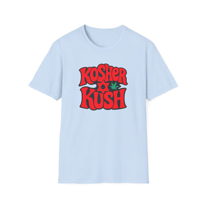 Light blue t-shirt with 'Kosher Kush' text and cannabis leaf design on a white background