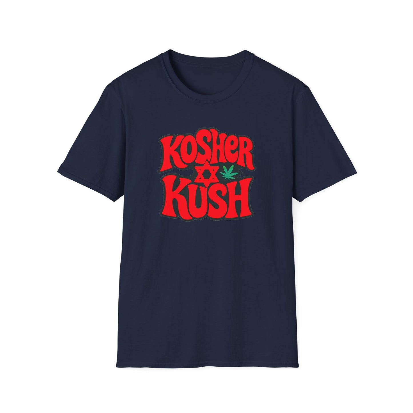 Navy blue t-shirt with 'Kosher Kush' text and cannabis leaf design on a white background