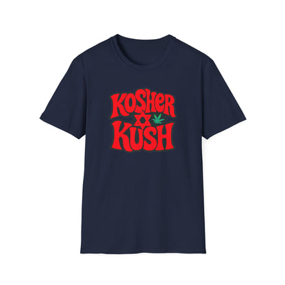 Navy blue t-shirt with 'Kosher Kush' text and cannabis leaf design on a white background