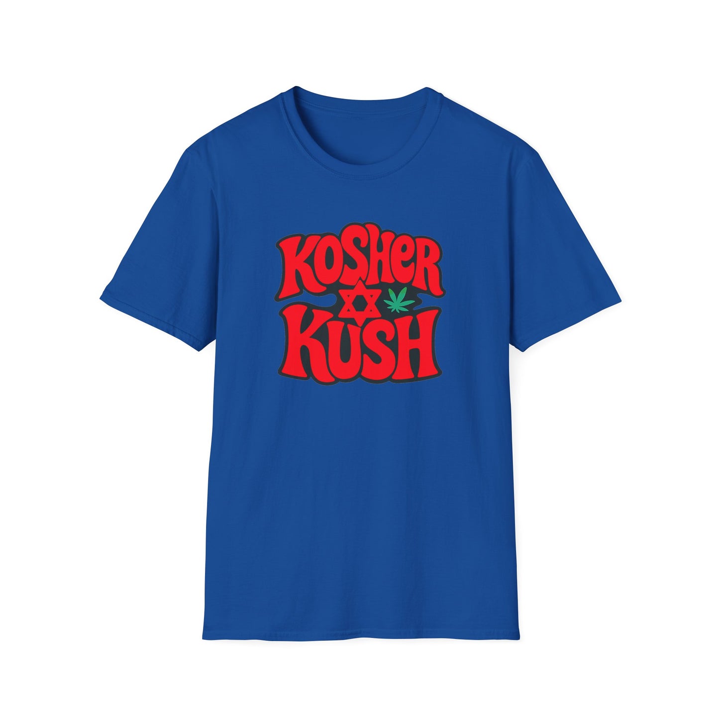 Blue t-shirt with 'Kosher Kush' text and cannabis leaf design on a white background