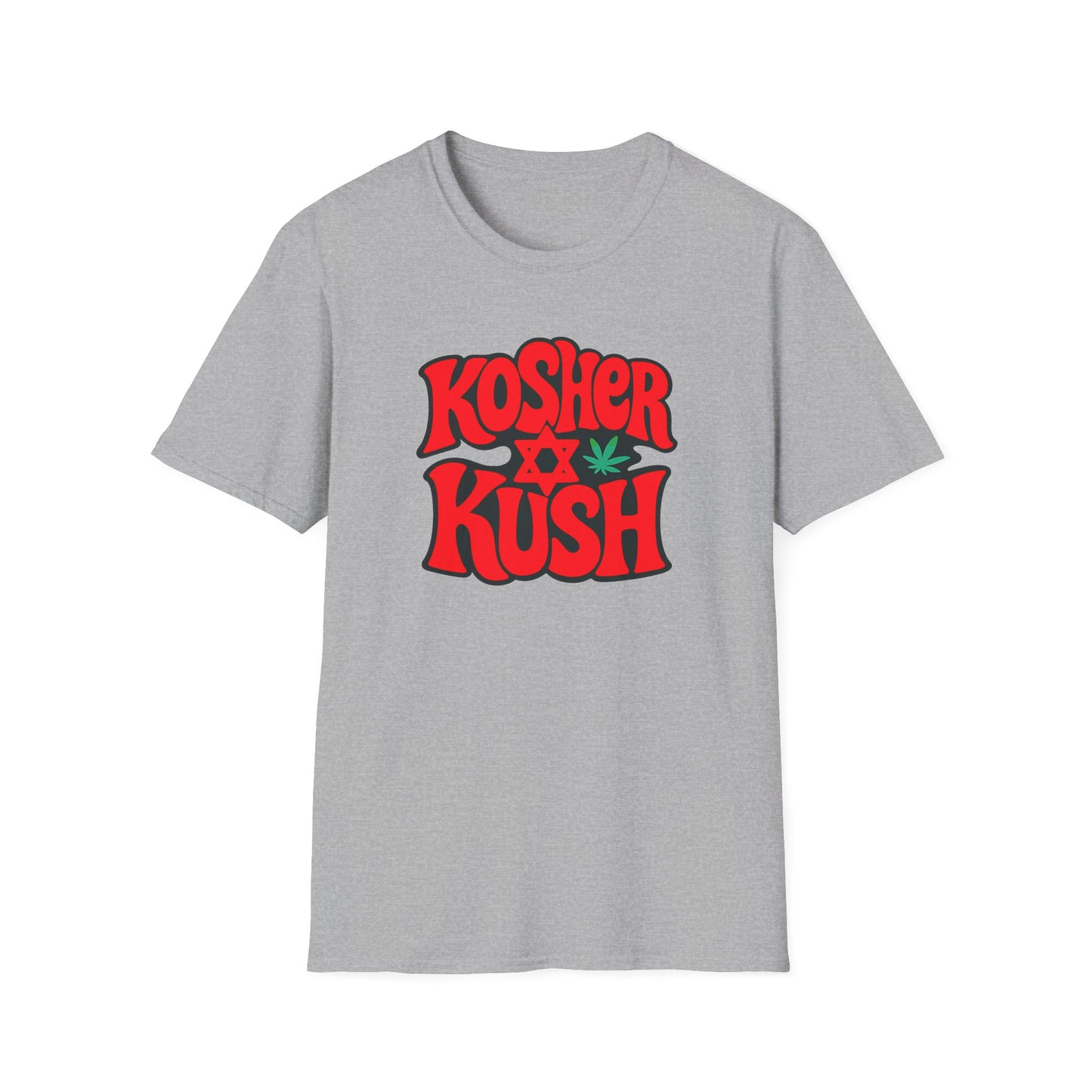 Gray t-shirt with 'Kosher Kush' text and logo on a white background