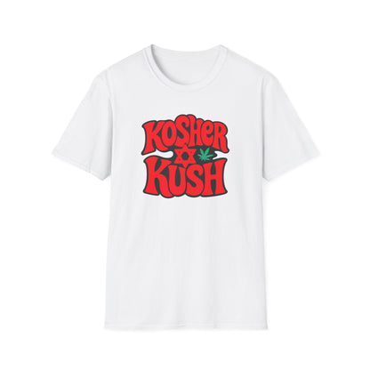 White t-shirt with 'Kosher Kush' text and graphic on a white background