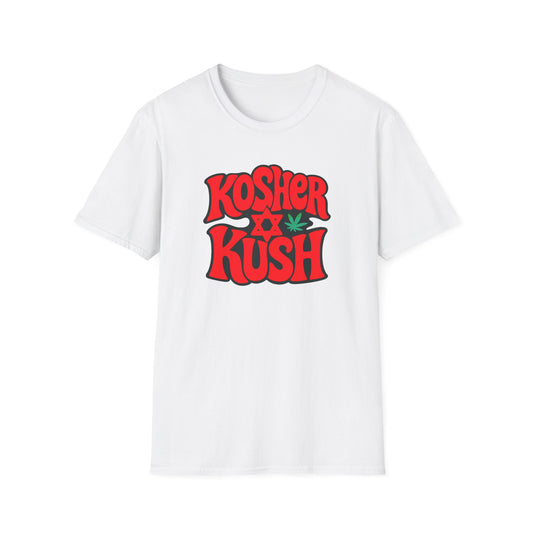 White t-shirt with 'Kosher Kush' text and graphic on a white background