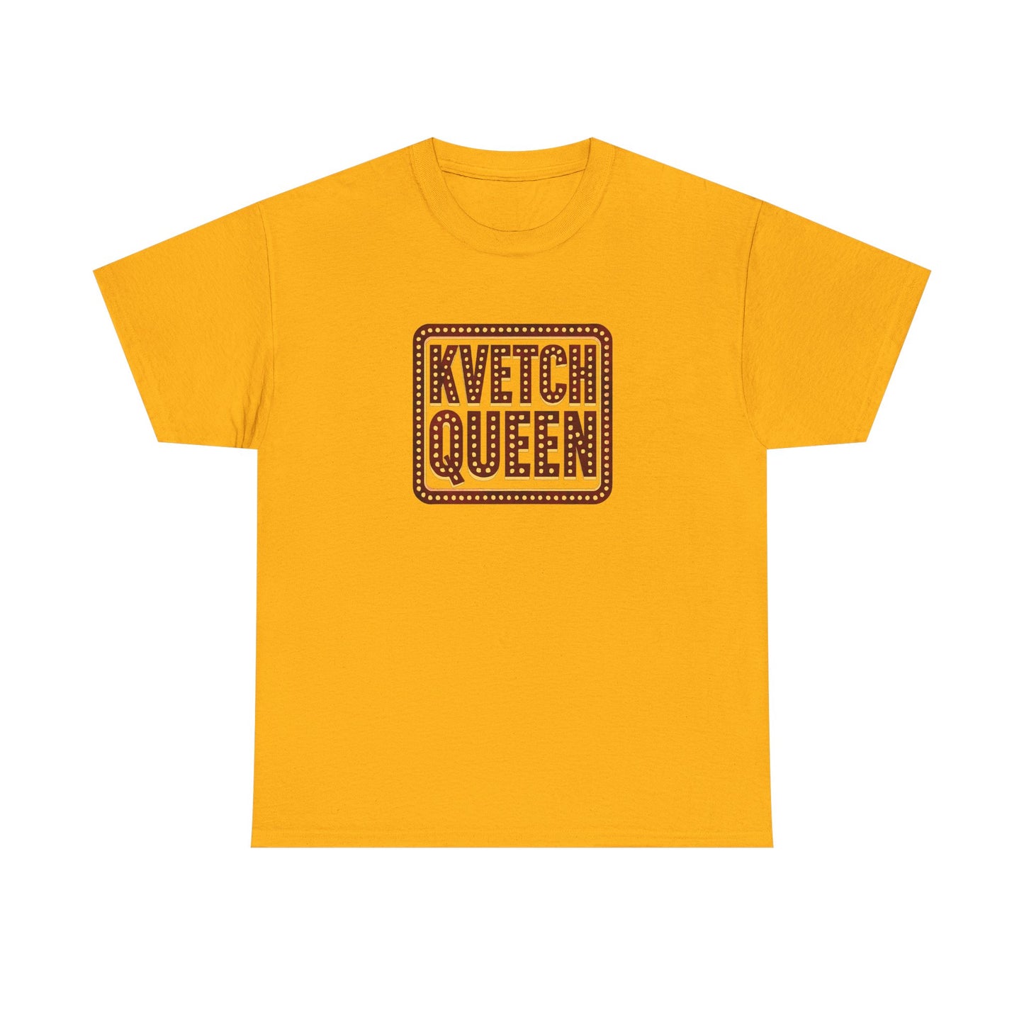 Yellow t-shirt with 'Kvetch Queen' text on a white background