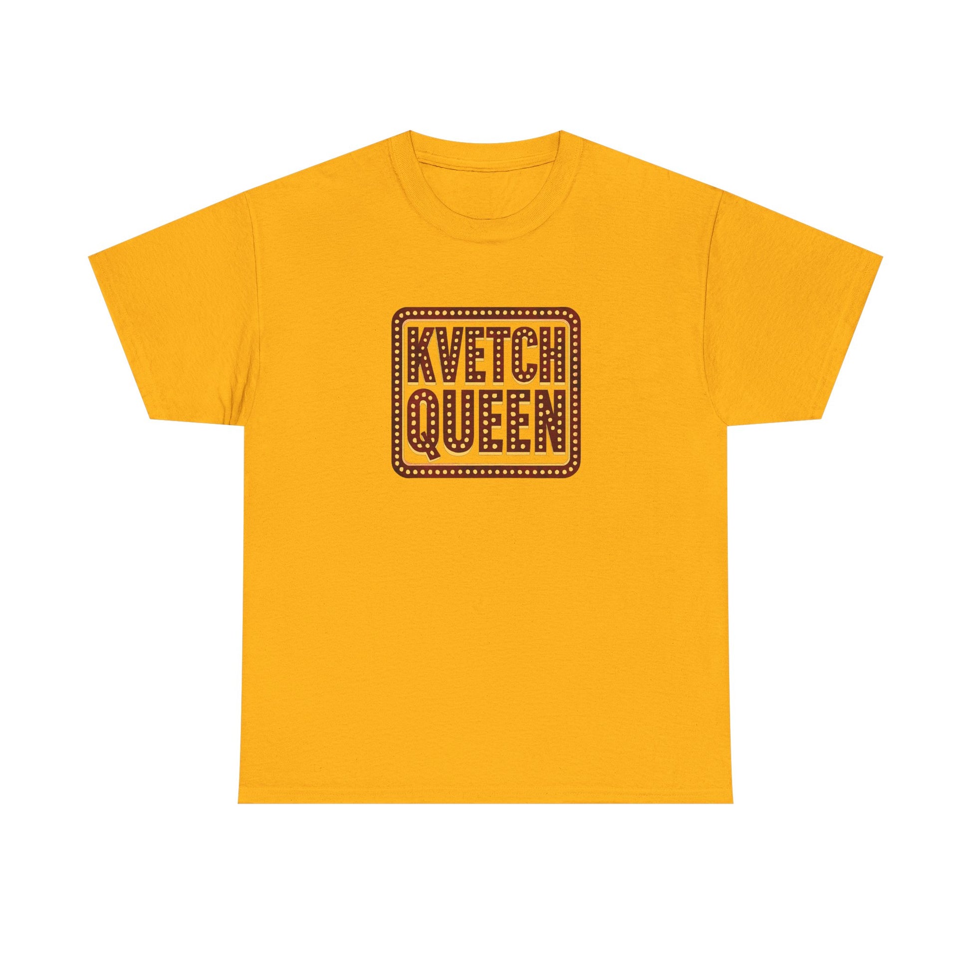 Yellow t-shirt with 'Kvetch Queen' text on a white background