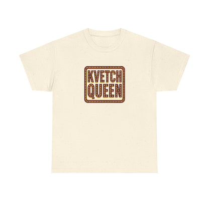 Beige t-shirt with 'Kvetch Queen' text on a white background