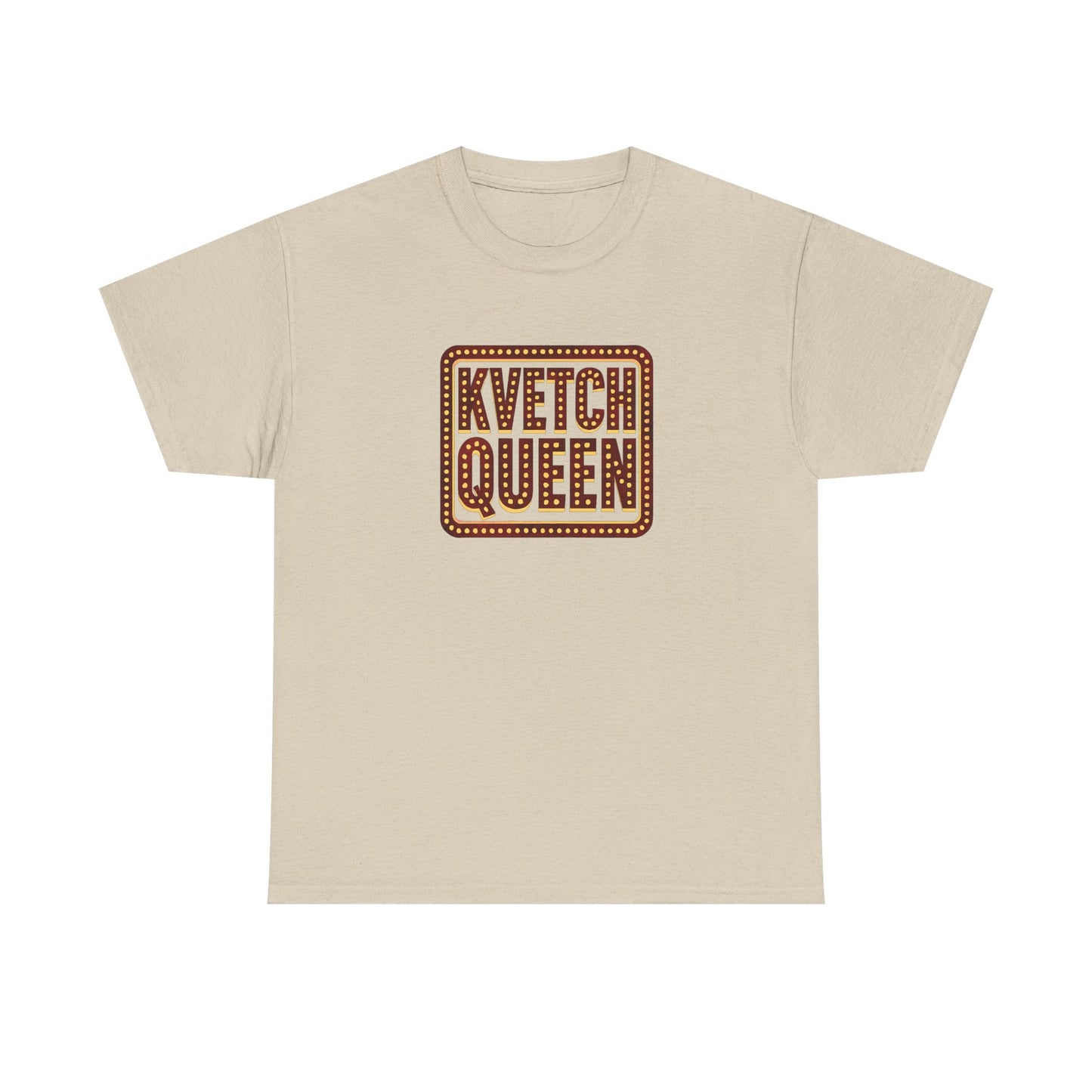 Beige t-shirt with 'Kvetch Queen' text on a white background