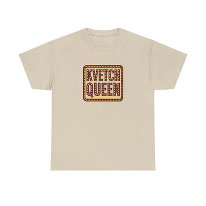 Beige t-shirt with 'Kvetch Queen' text on a white background