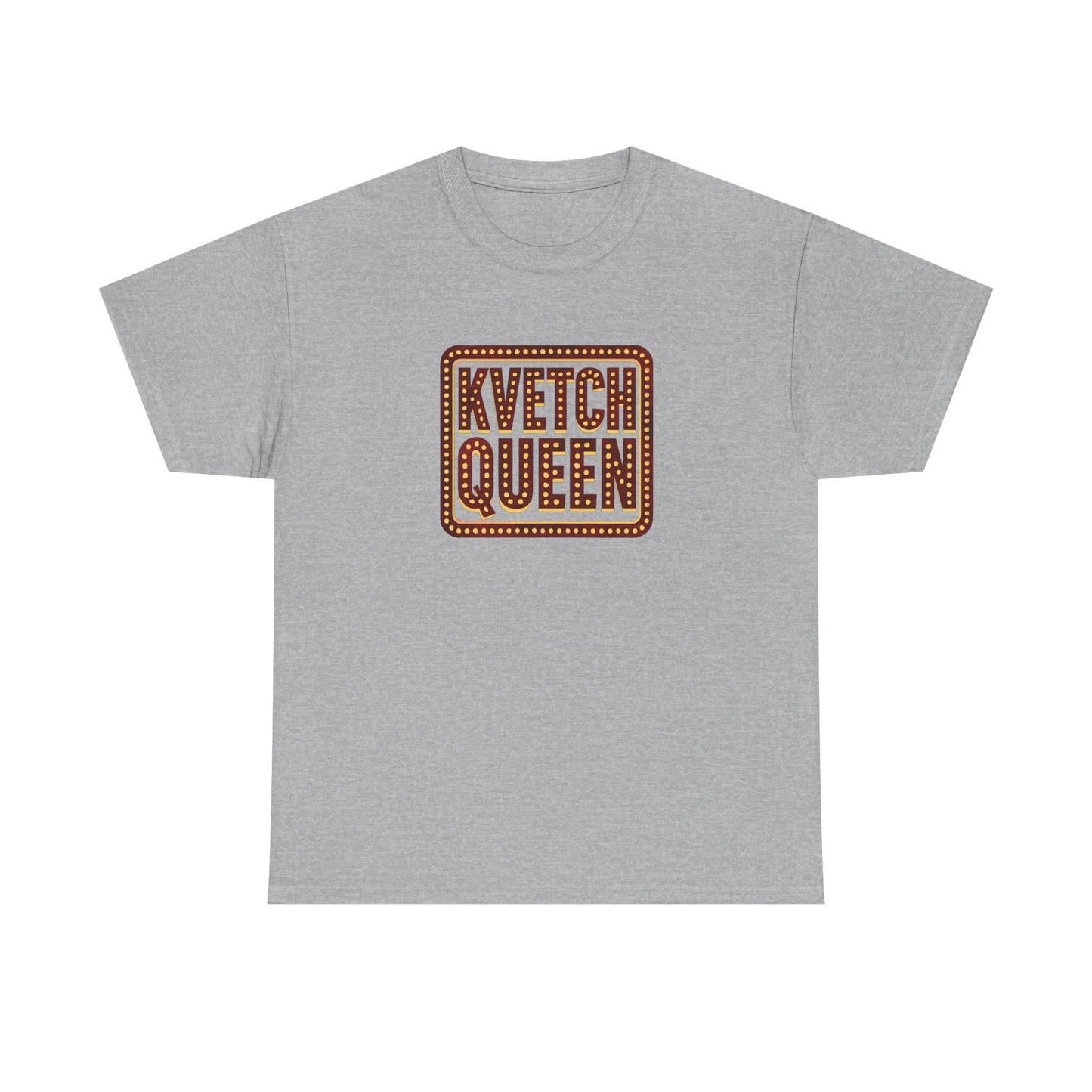 Gray t-shirt with 'Kvetch Queen' text on a white background
