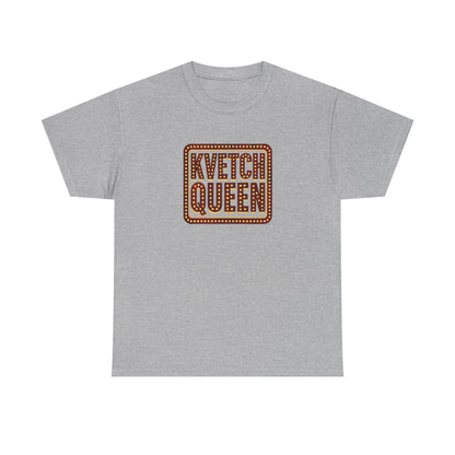 Gray t-shirt with 'Kvetch Queen' text on a white background