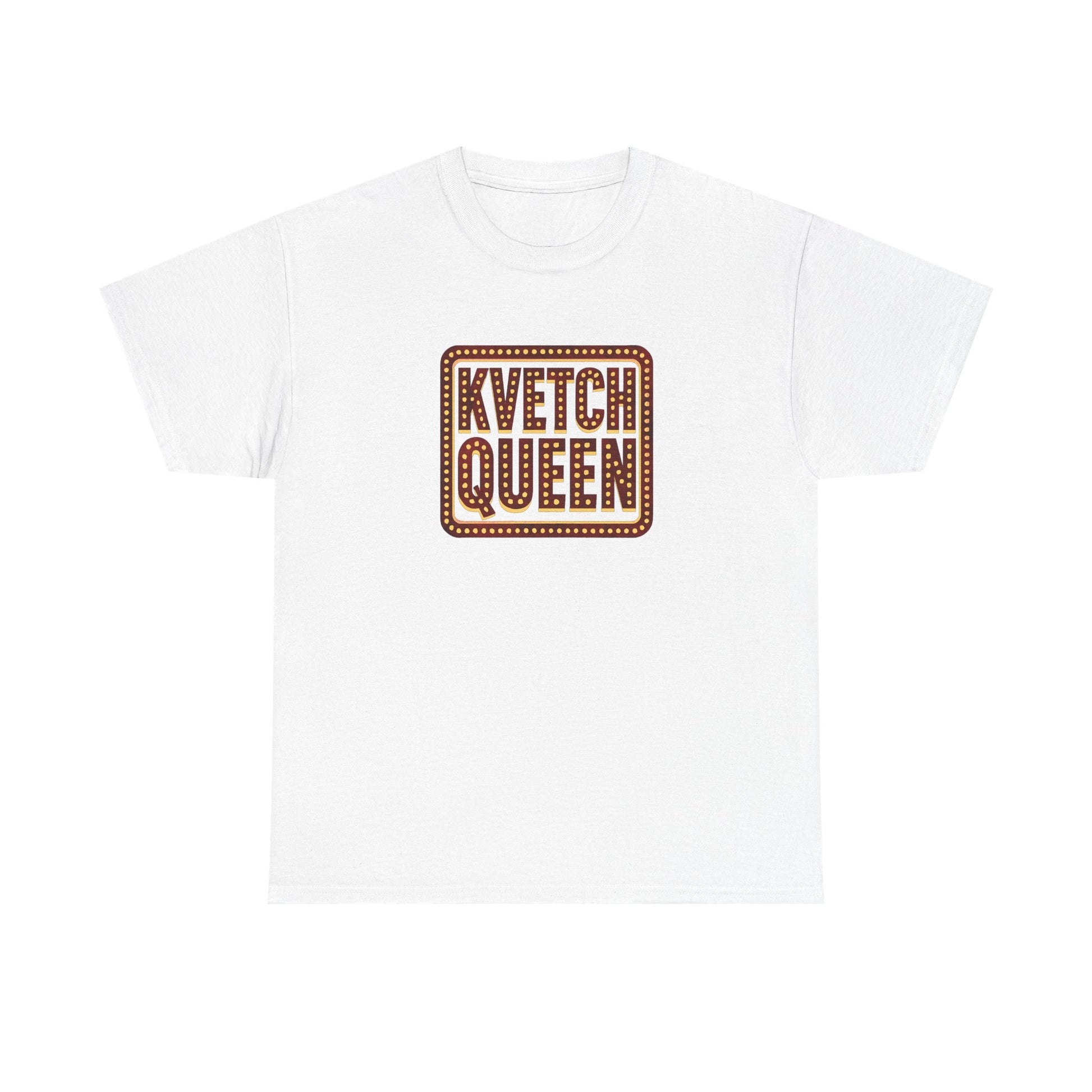 White t-shirt with 'Kvetch Queen' text on a white background