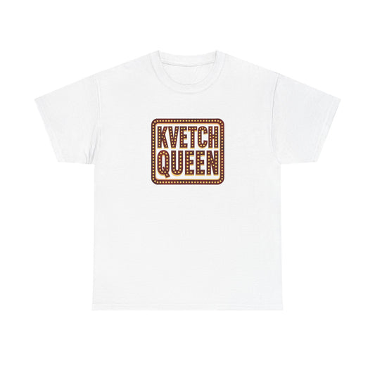 White t-shirt with 'Kvetch Queen' text on a white background