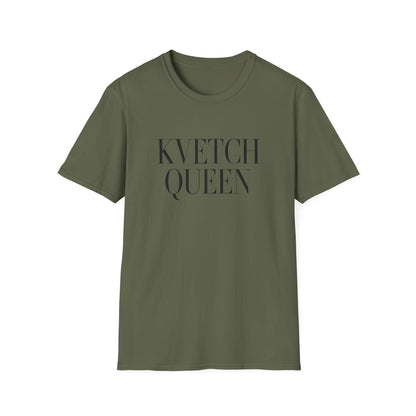 Green t-shirt with 'KVETCH QUEEN' text on a white background
